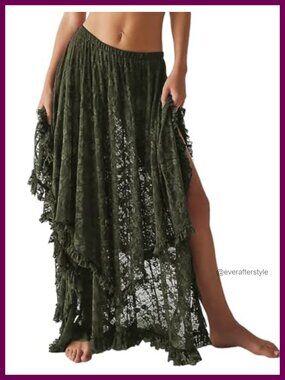 Asymmetrical Lace Maxi Skirt Semi-Sheer Flowy Boho